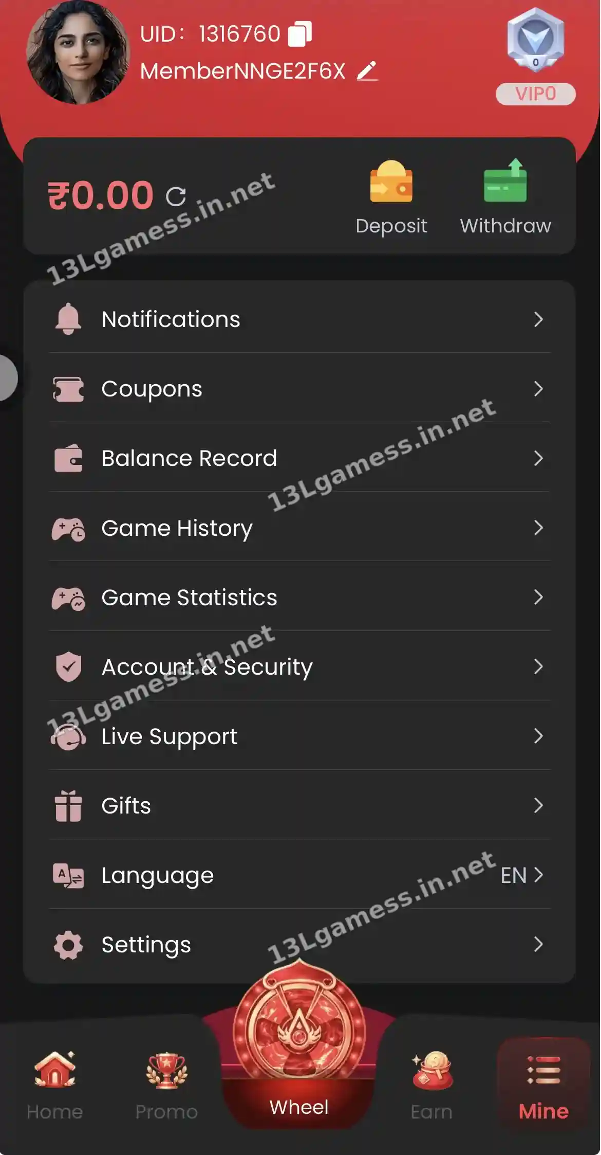 13L Game Mine page showing UID, VIP level, Account and Security, Live Support, Gifts and Settings