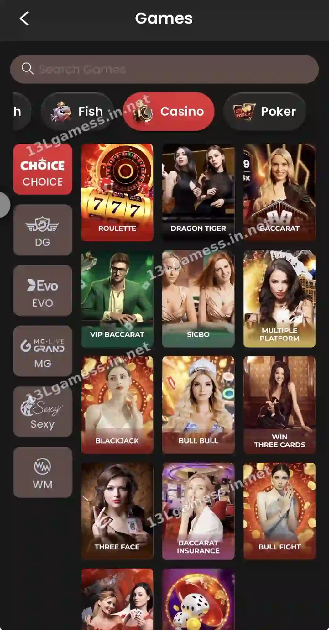 13L Game casino category displaying table-style game tiles