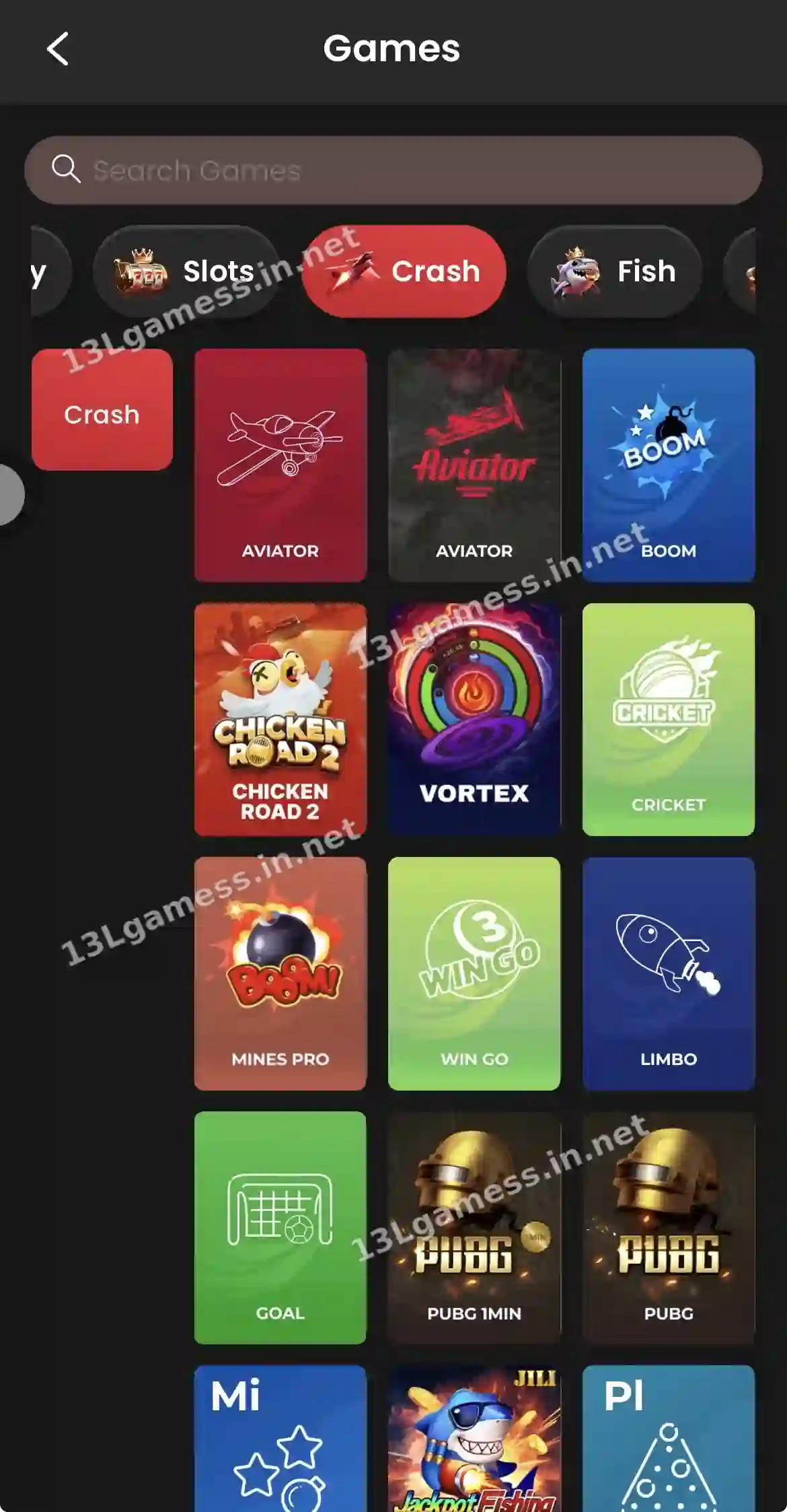 13L Game Crash tab with Aviator, Boom, Chicken Road 2, Vortex and Limbo tiles