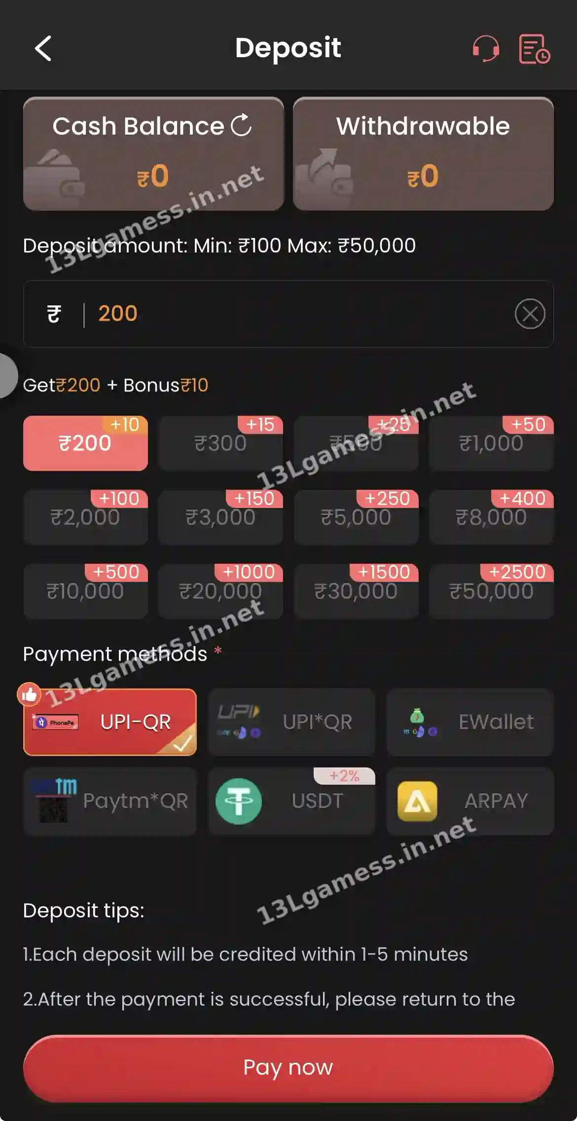 13L Game deposit screen showing minimum ₹100 and maximum ₹50,000, bonus amount chips and UPI-QR, Paytm QR and USDT methods