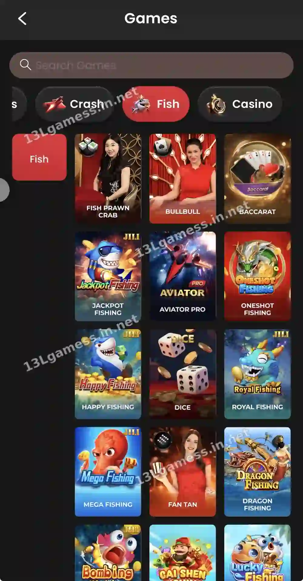 13L Game Fish tab with Jackpot Fishing, Royal Fishing, Mega Fishing and Dragon Fishing