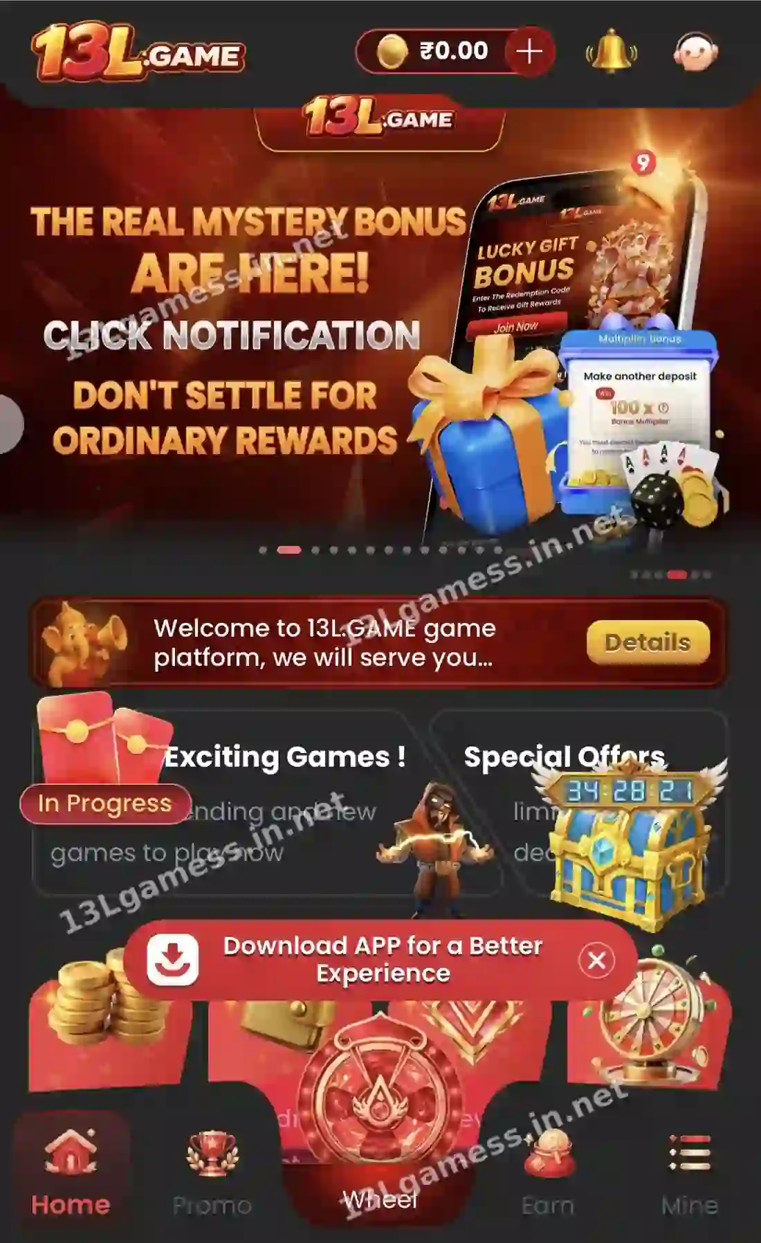 13L Game home screen with Deposit, Withdraw and VIP shortcuts and the popular games section