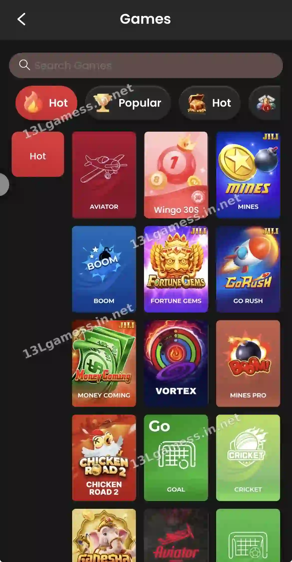 13L Game Hot tab listing Aviator, Wingo 30S, Mines, Boom, Fortune Gems, Go Rush and Chicken Road 2