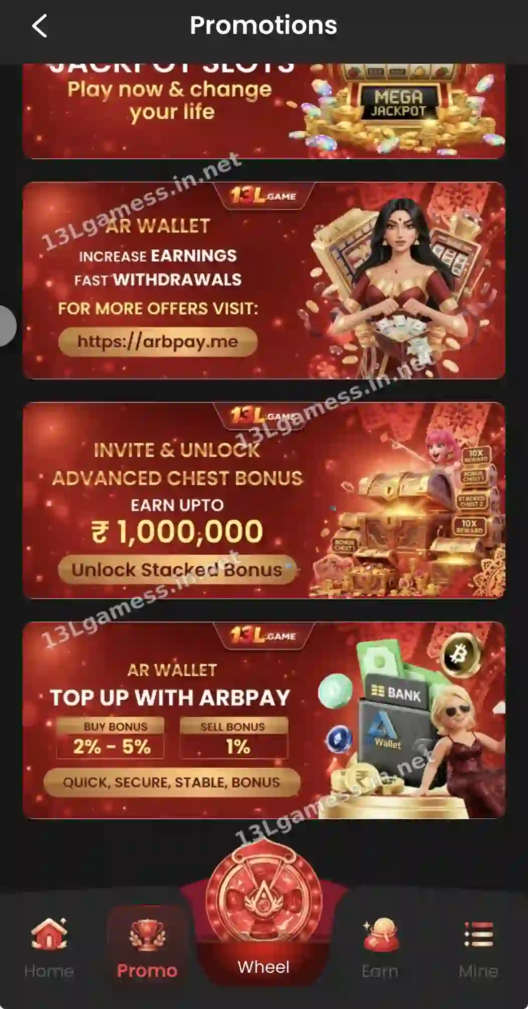 13L Game Promotions list with Mega Jackpot slots, AR Wallet, invite chest bonus and ARBPAY top-up banners