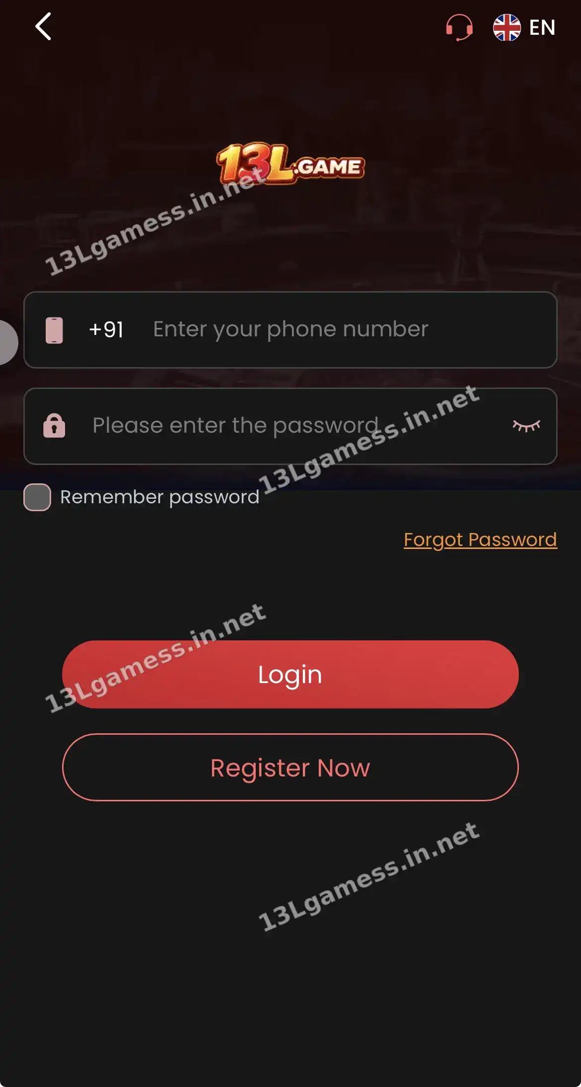 13L Game login screen with +91 phone number field, password field, Remember password and Forgot Password