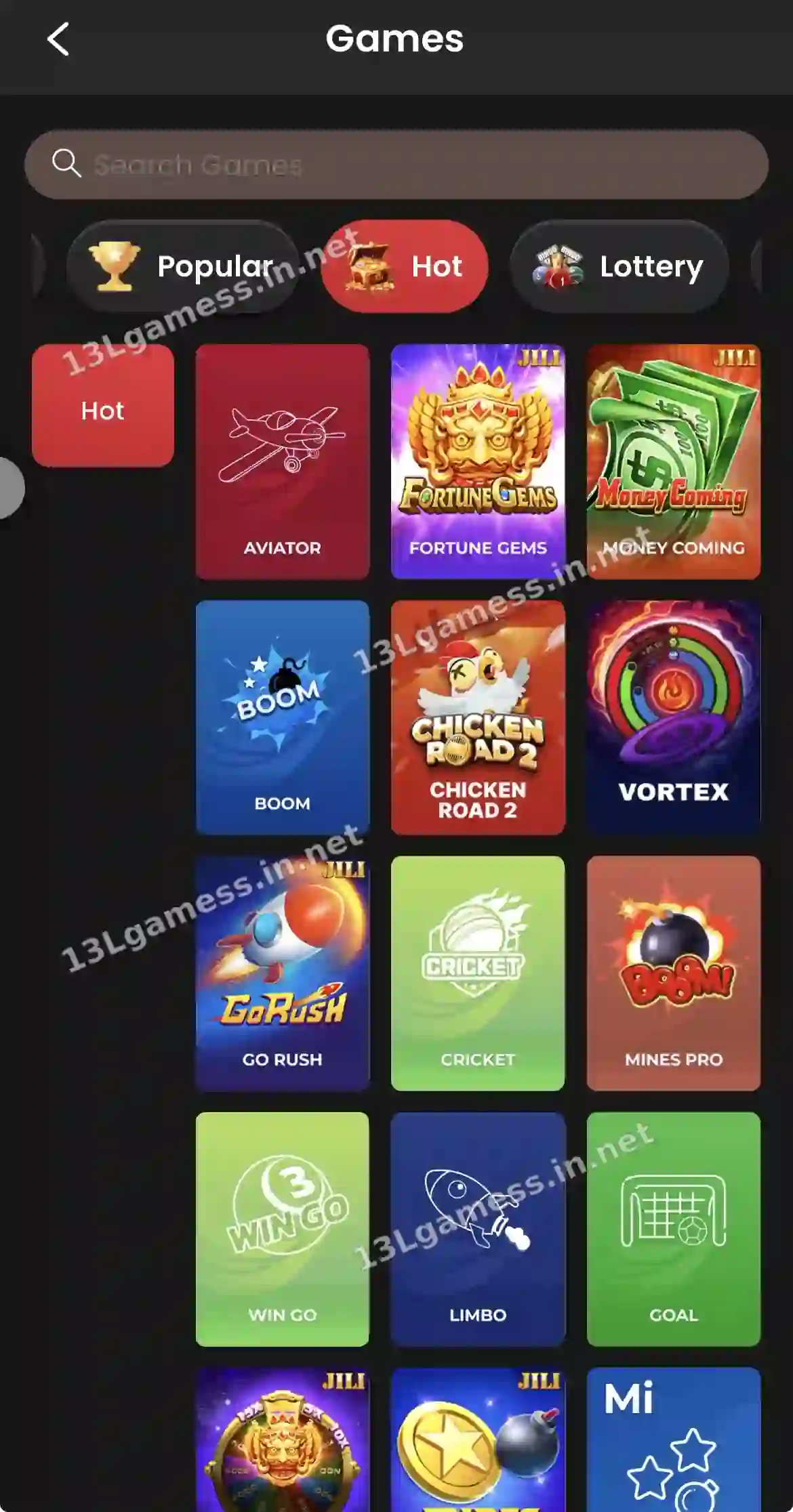 13L Game Lottery tab showing Wingo and number game tiles