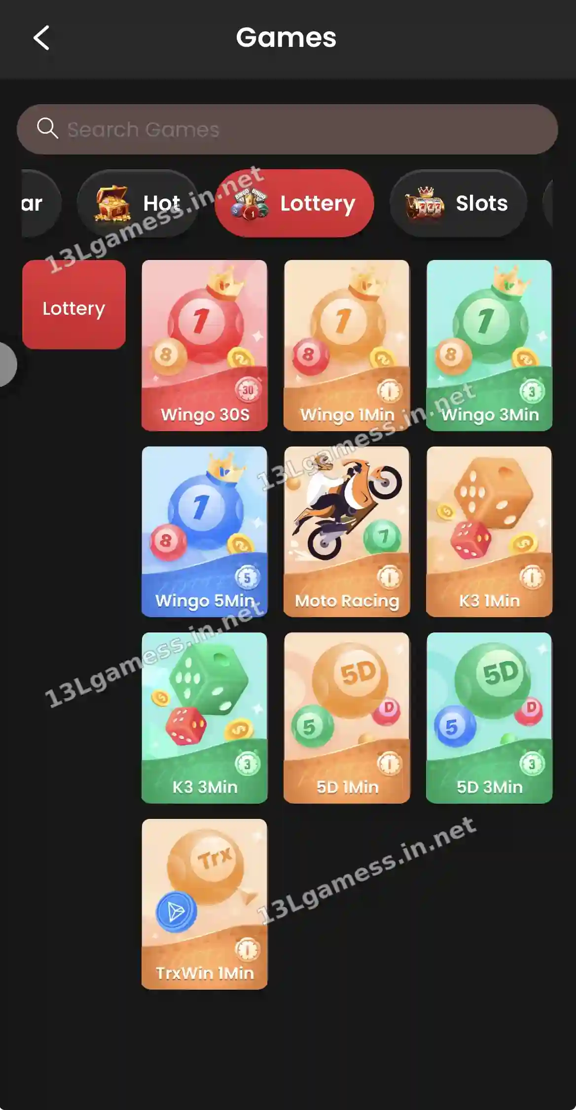 13L Game Lottery tab listing Wingo 30S, 1Min, 3Min and 5Min, Moto Racing, K3, 5D and TrxWin 1Min
