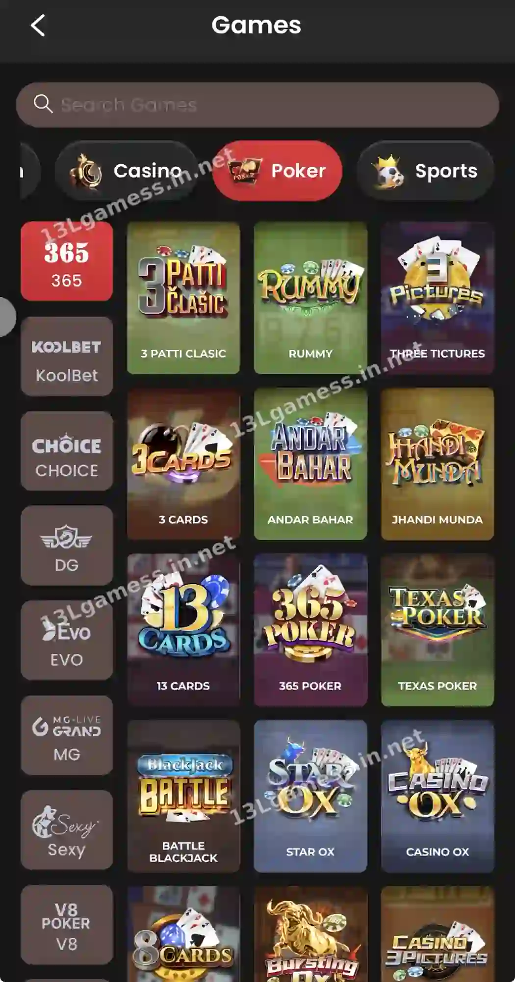 13L Game Poker tab with 3 Patti Classic, Rummy, Andar Bahar and Jhandi Munda