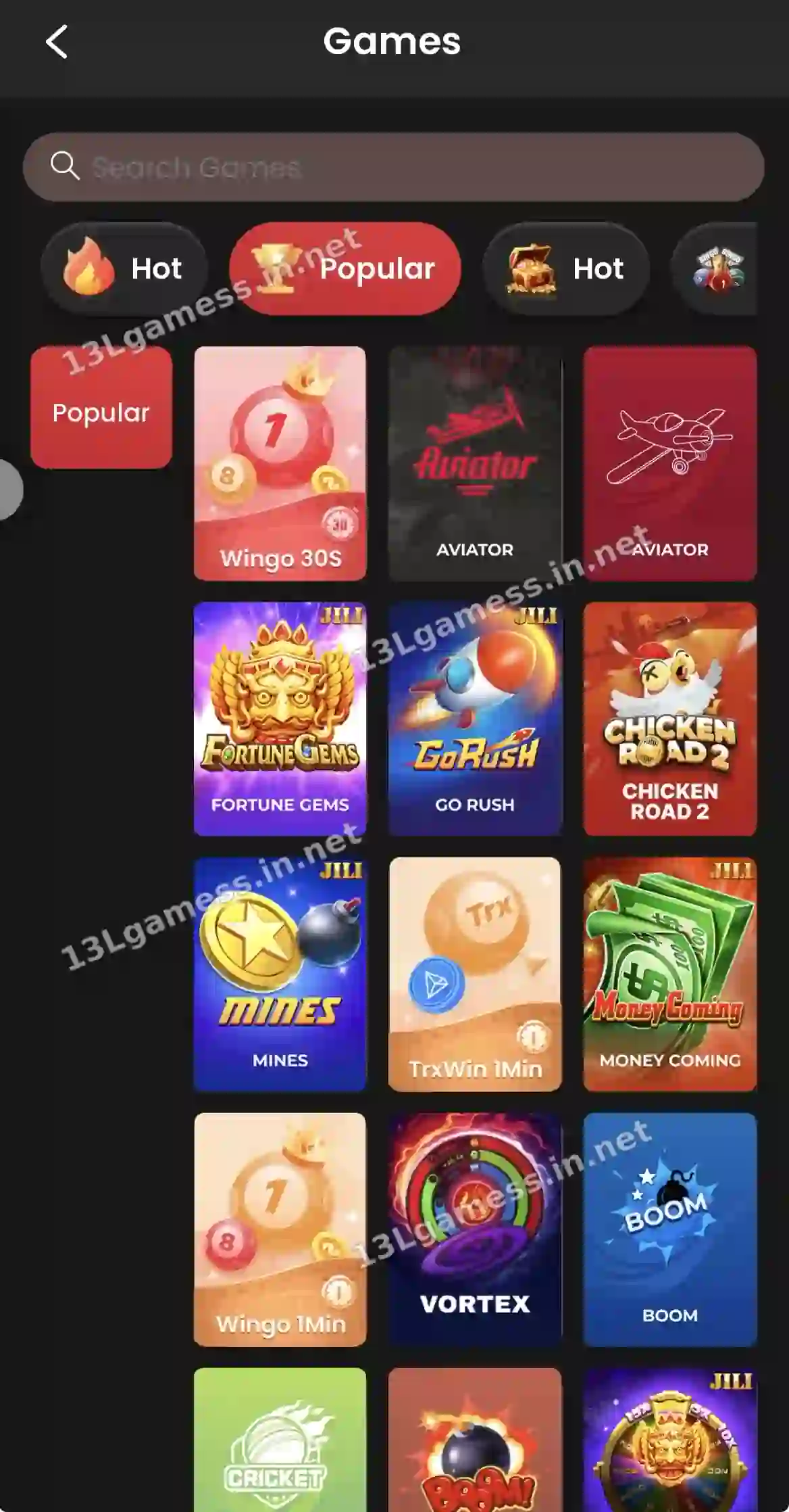 13L Game Games screen with Popular tab showing Wingo 30S, Aviator, Fortune Gems, Go Rush, Chicken Road 2 and Mines