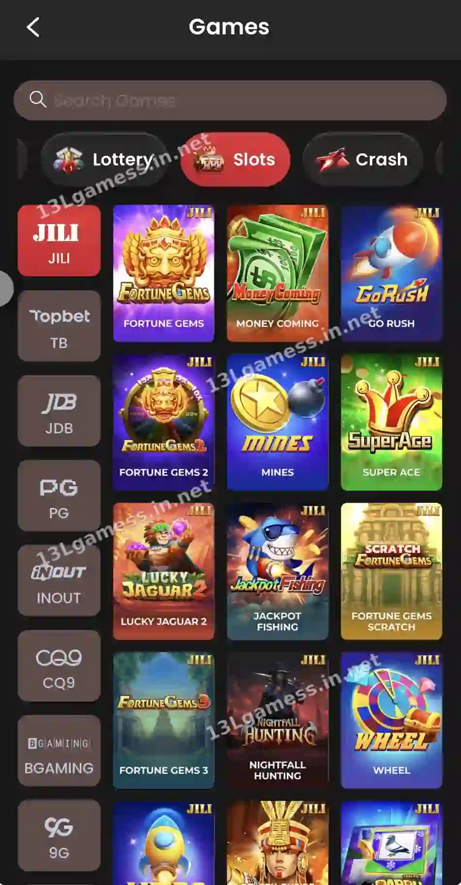 13L Game slots lobby showing game and provider tiles