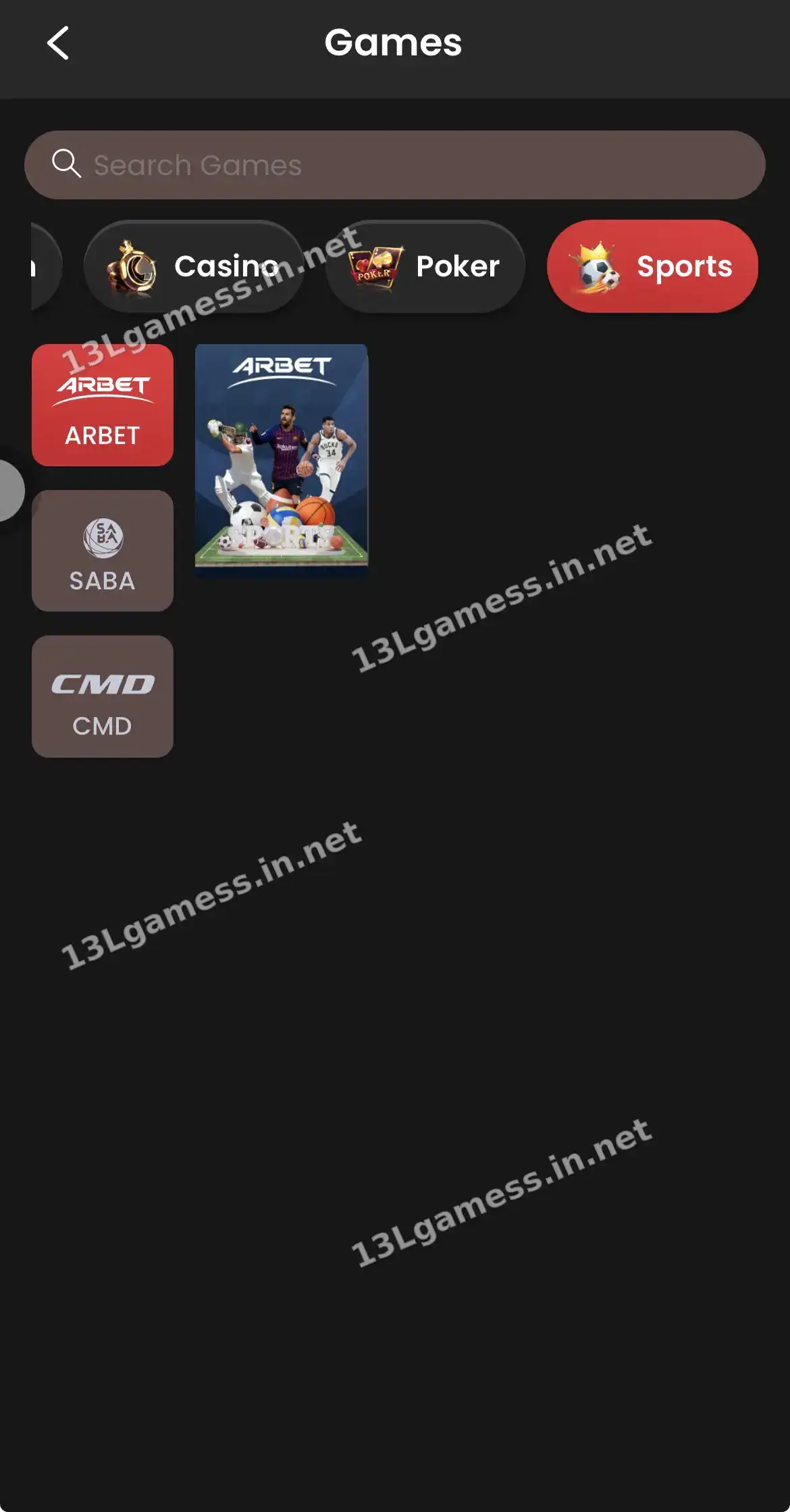 13L Game sports category showing sports provider tiles